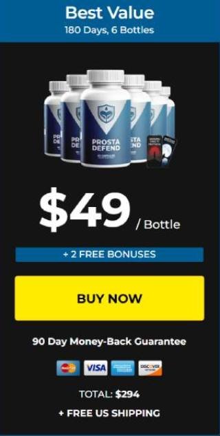 Prosta Defend pricing showing 6 bottle Best Value Pack at $49 per bottle with free bonuses